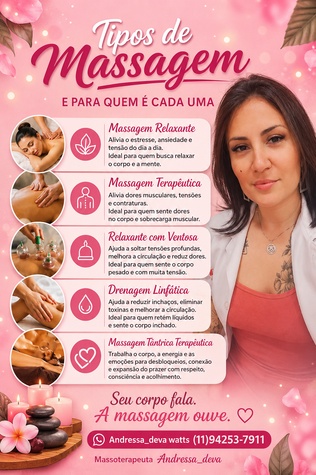 Tipos de massagens e atendimentos apresentados por Andressa de Cássia do Prado Cordeiro