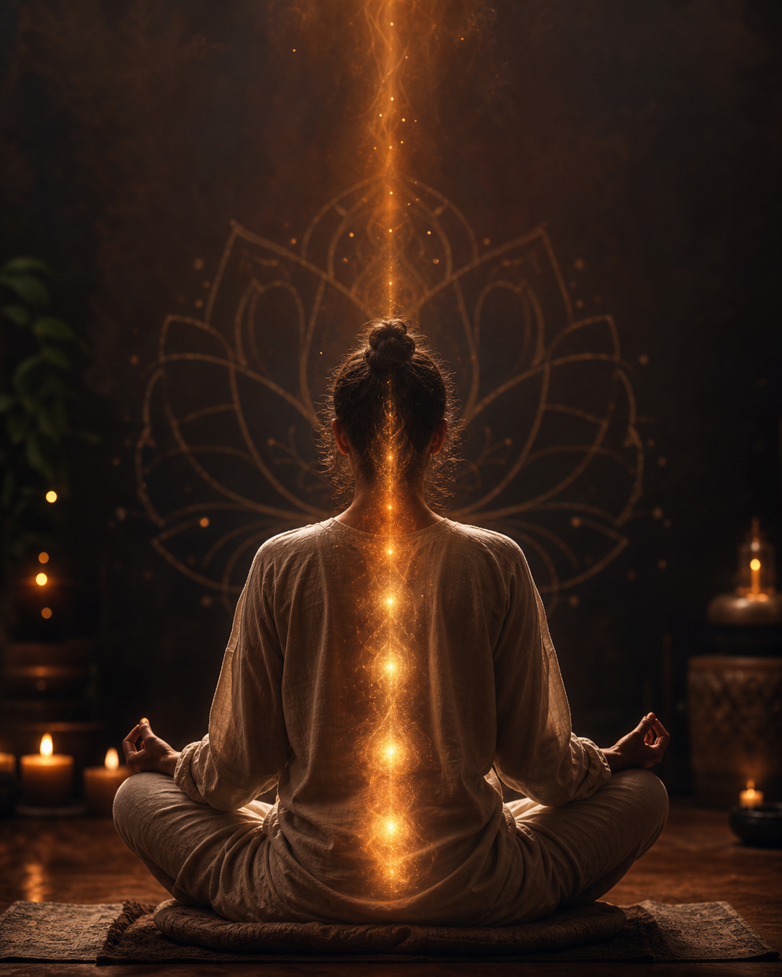 Pessoa em meditação com representação de energia vital ao longo da coluna
