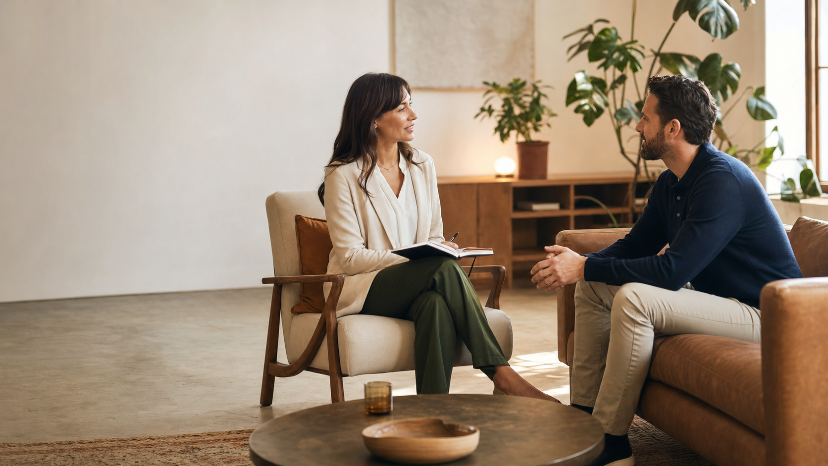 Profissional conversando com pessoa em um ambiente terapêutico acolhedor