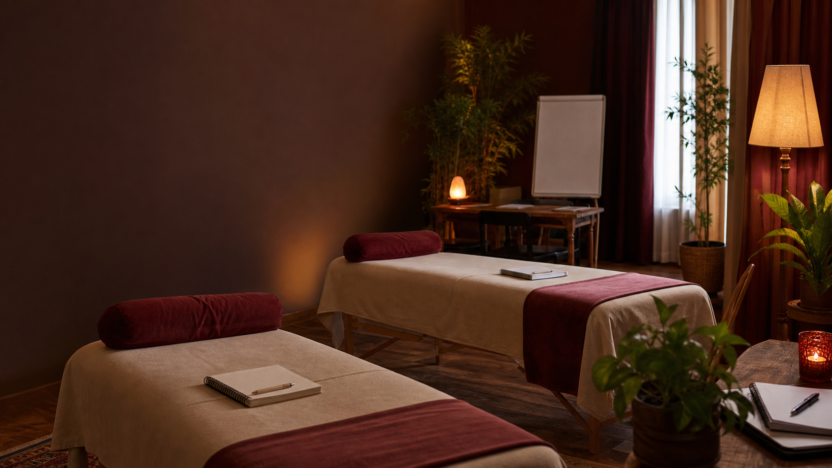 Ambiente terapêutico preparado para uma sessão de massagem consciente