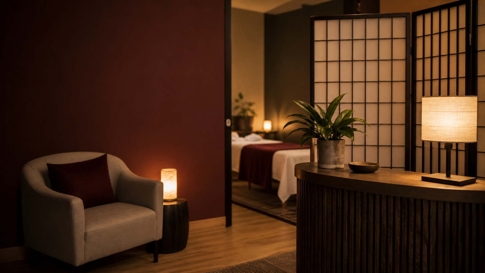 Ambiente terapêutico preparado para uma sessão de massagem consciente