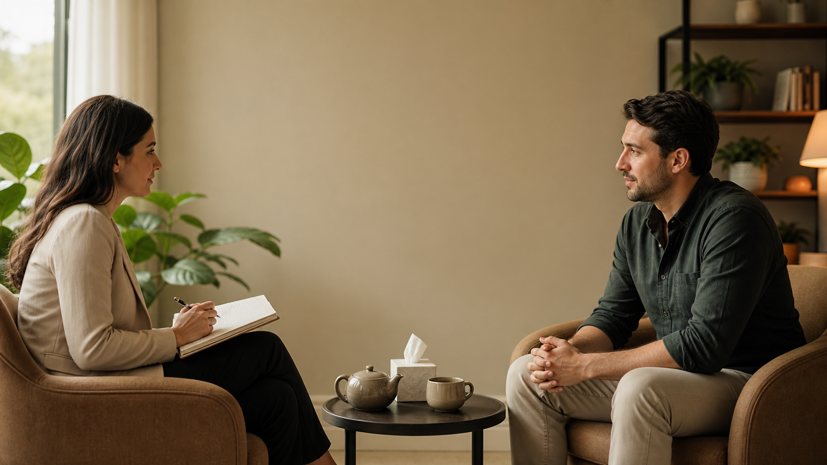 Profissional conversando com pessoa em um ambiente terapêutico acolhedor