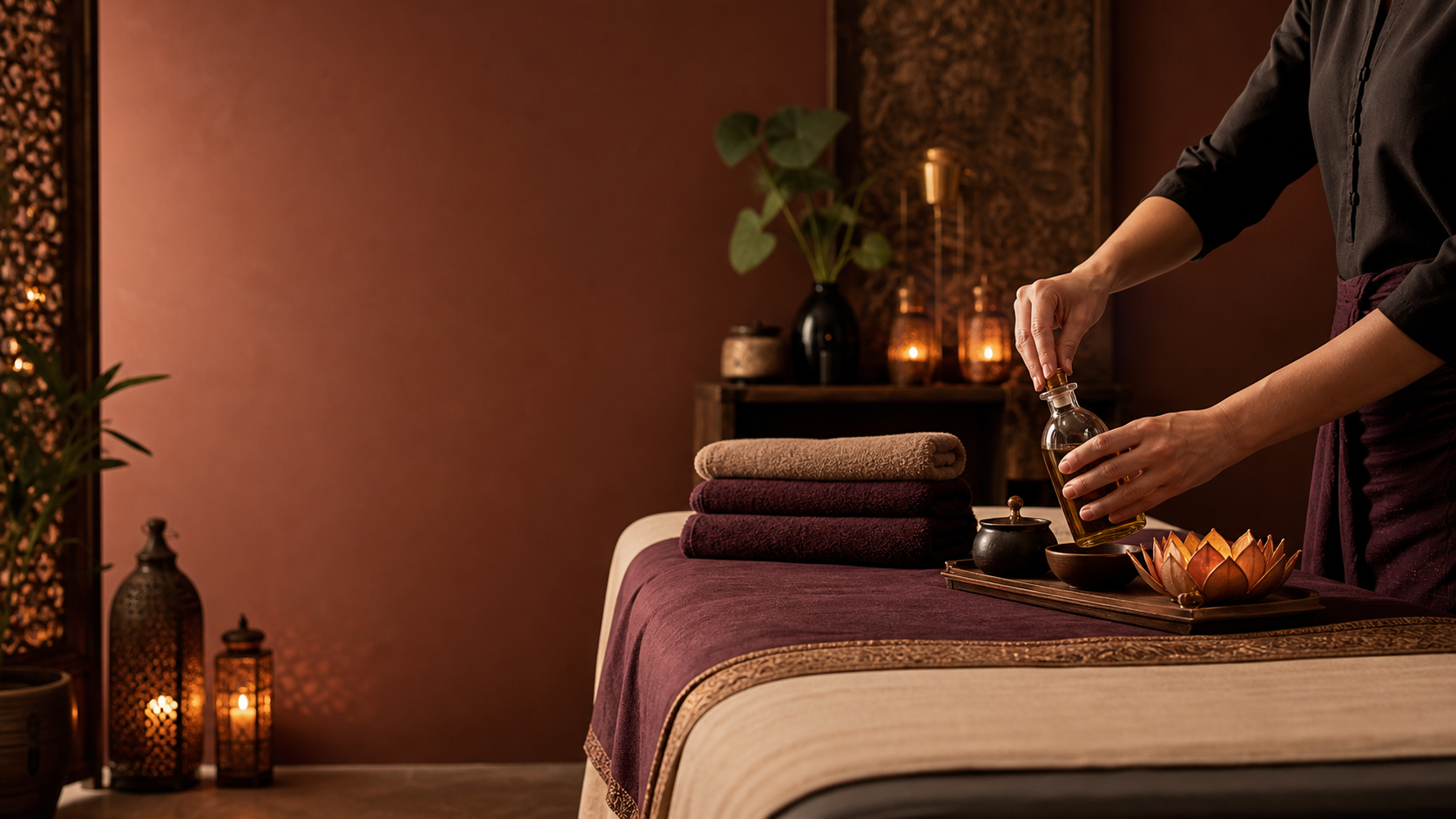 Ambiente terapêutico preparado para uma sessão de massagem consciente