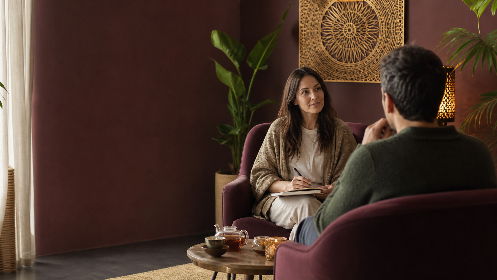 Profissional conversando com pessoa em um ambiente terapêutico acolhedor