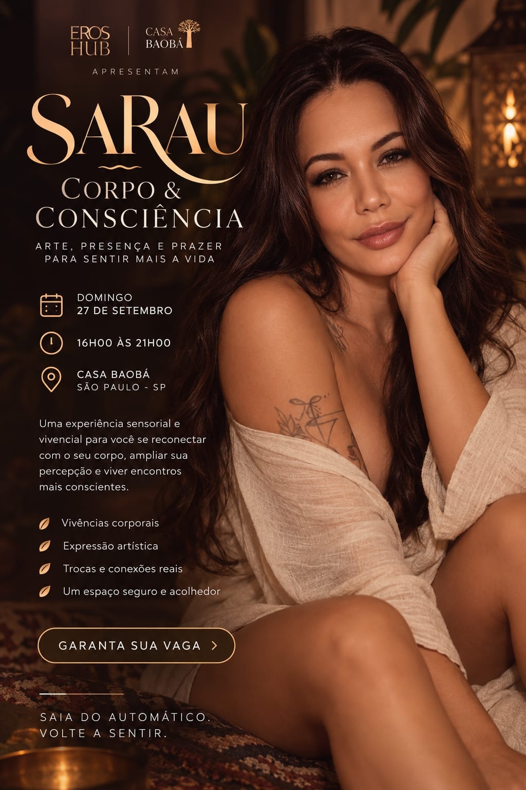 Cartaz do Sarau Corpo e Consciência, dia 27 de setembro na Casa Baobá